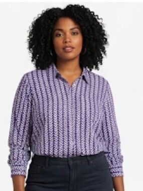 Dalia Collection purple Long Sleeve V print chevron 3/4 button down rayon Size L